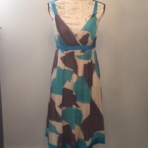 EUC Sue Wong turquoise/brown/cream silk dress